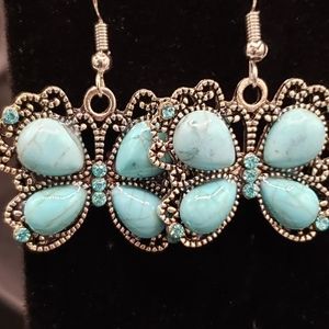 Silver Tone Butterfly Earrings Turquoise Magnesite